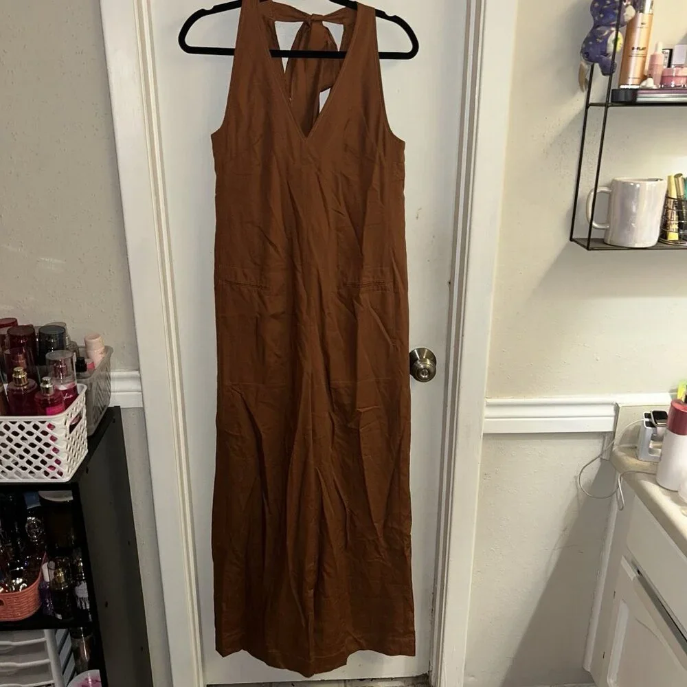 Elie Tahari Brown Wide Leg Sleeves Neck Tie Boho Chic Casual Jumpsuit Medium